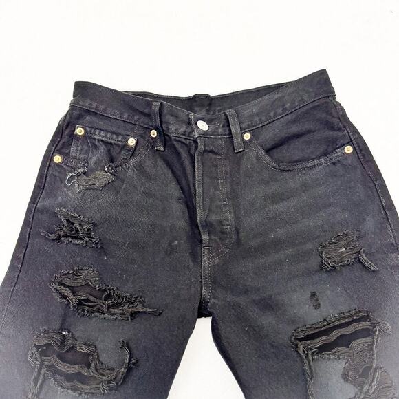 Levi's 501 Ripped Black Denim Jeans Button Fly Raw Hem Size 27 x 26 - Picture 8 of 9